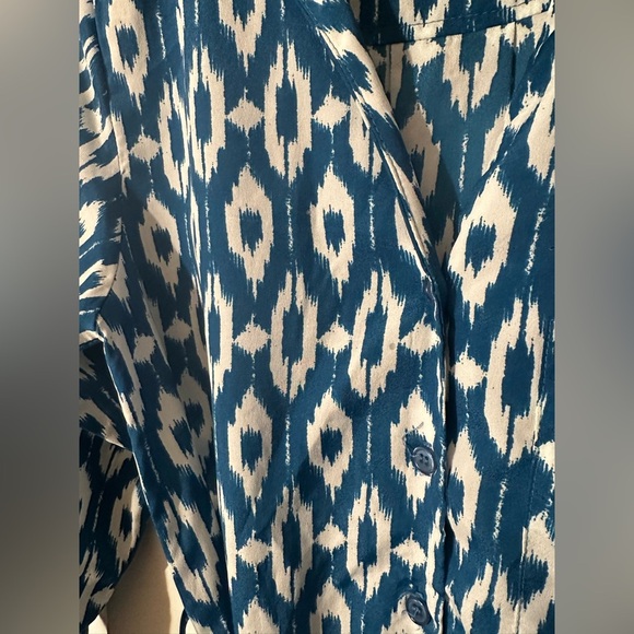 MAEVE Anthropologie Blue XS 3/4 Roll Tab Sleeve Ikat HiLo Belt V Neck Shirtdress - Picture 12 of 16
